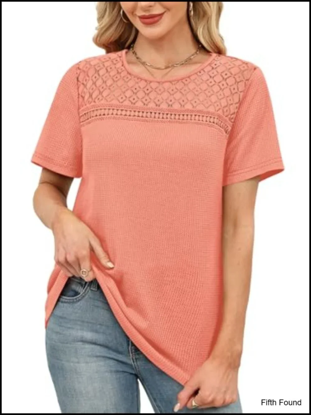 Dressy Casual Short Sleeve Blouse with Crochet Lace Waffle Knit